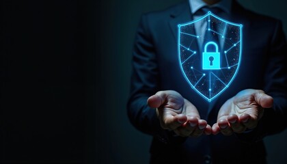 Businessman displays digital shield with padlock icon. Data security technology concept. Man protects digital information with firewall. Cyber security expert safeguard data in network. Corporate