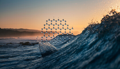 Graphene molecular structure cresting on a massive ocean wave at sunset.