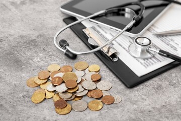 Health care concept. Medical bills on the desk