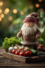 Santa Claus gnome figurine with fresh vegetables on rustic wooden board