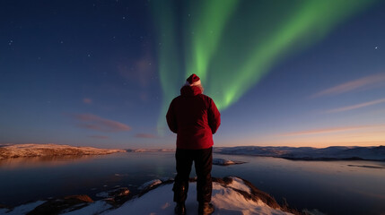 Fototapeta premium A person clad in winter attire stands mesmerized, staring at the vibrant Northern Lights streaking across the night sky above a pristine, snowy landscape, capturing a magical moment.