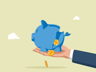 Broken piggy bank with money on color background