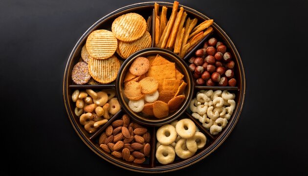 an overhead shot showcasing a variety of snacks arranged in a circular dish against a striking black background it features crackers chips nuts and candied pieces
