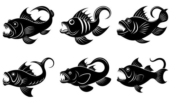 Collection of six stylized black and white piranha fish with sharp teeth and open mouths on white background