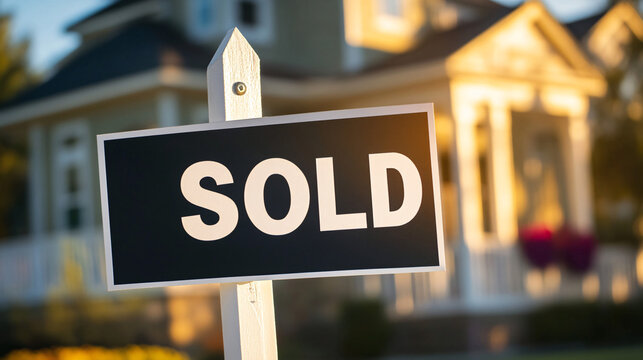 Successful home sale celebrated with sold sign during golden hour