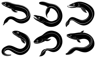 Six stylized black eels in various poses with fins and open mouths on a white background vector art