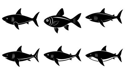 Collection of six black and white stylized fish illustrations with varying fin and body shapes