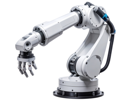 White Industrial Robotic Arm Side View with Articulated Joints, Isolated on Transparent Background