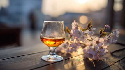 Obraz premium Beautiful Wine Glass Against a Soft Background of Blooming Sakura Flowers During Sunset