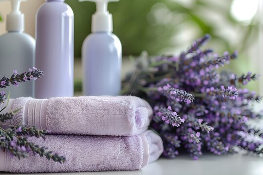 Soft, purple towels are neatly stacked beside lavender-scented bottles. Fresh lavender blooms complete the calming spa atmosphere, inviting relaxation and self-care - Powered by Adobe