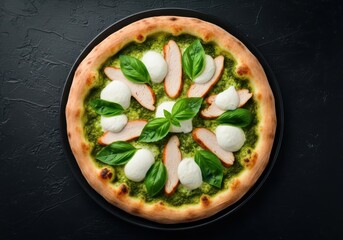 Gourmet Pesto Pizza with Mozzarella, Chicken Slices and Fresh Basil in Artisan Food Photography