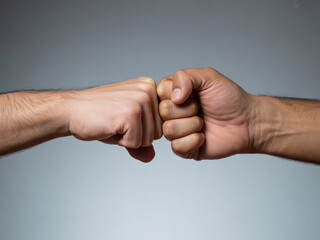 Two hands connect in a powerful fist bump, symbolizing partnership, agreement, and mutual respect for a successful collaboration.