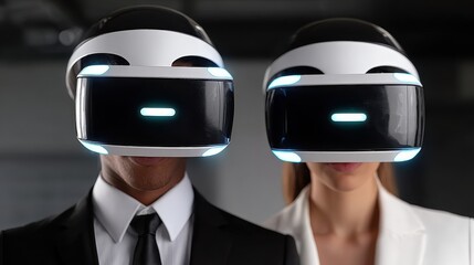 Man and woman wearing VR headsets. They are formally dressed and appear to be in an office