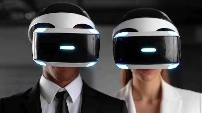 Man and woman wearing VR headsets. They are formally dressed and appear to be in an office