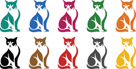 Sitting cat silhouettes with white chests in colors, Colorful cat icons with chest details