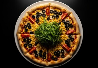 Vegetarian Pizza with Olives, Corn, Cherry Tomatoes and Fresh Arugula in Gourmet Food Photography, top view