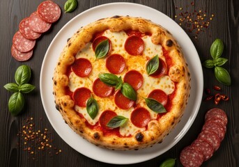 Delicious Pepperoni Pizza with Fresh Basil and Melted Cheese in Rustic Food Photography, top view