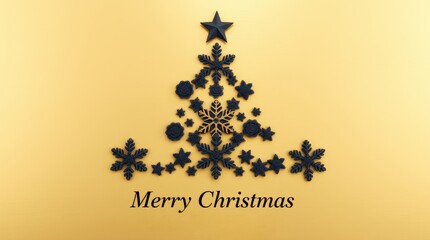 Minimalist Christmas Tree Made of Black Snowflakes on Smooth Golden Texture. Upscale Holiday Greeting_9