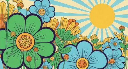 Retro Floral Sunburst Background, Flowers, Vintage, 1970s