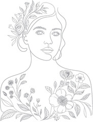 Line Drawing of a Woman's Bust Adorned with Flowers