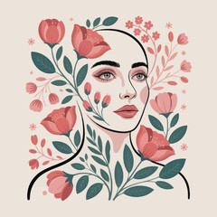 Woman's Face Surrounded by Blooming Flowers and Leaves