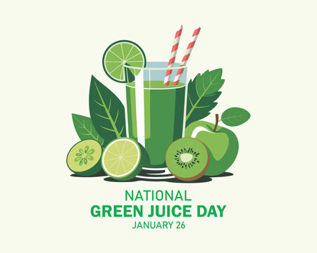 National Green Juice Day vector. Healthy green vegetable and fruit juice vector. Glass of green smoothie icon. Green Juice Day Poster, January 26.