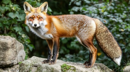 A red fox standing on a rocky outcrop, looking directly at the camera