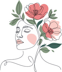 Abstract Line Art Woman with Pink Flowers and Leaves