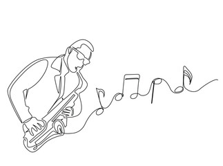 Continuous line art drawing of Man Playing Saxophone with note music coming out from the instrument. Editable stroke.