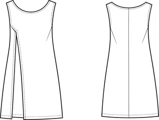 Sleeveless dress technical sketch, front and back view, round neckline, asymmetrical pleat, A-line silhouette, fashion illustration, garment construction drawing, minimal design