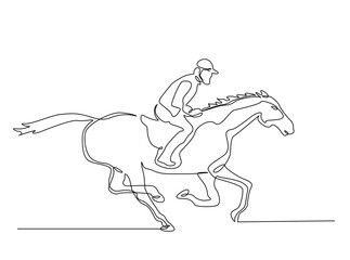 Continuous one line drawing of woman jockey riding horse . Equestrian Rider single line art illustration. Editable vector.