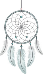 Dreamcatcher with Feathers and Beads on White Background