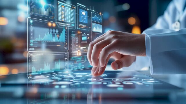 Doctor reviewing a digital patient record on a futuristic holographic interface, global data access, electronic health information, secure medical management, and advanced health care technology.