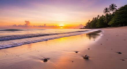 Serene Tropical Beach at Sunset with Palm Trees, Sunrise, Ocean, Sea