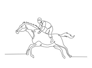 Continuous one line drawing of woman jockey riding horse . Equestrian Rider single line art illustration. Editable vector.