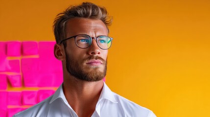 European male creative director presenting holographic brand concepts in bright minimal office