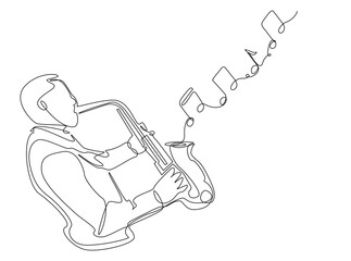 Continuous line art drawing of Man Playing Saxophone with note music coming out from the instrument. Editable stroke.