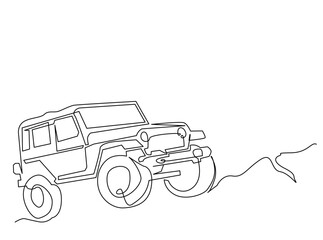Continuous one line drawing of Adventure 4x4 offroad car. Offroad car single line art illustration. Editable vector. © Mc Doodle