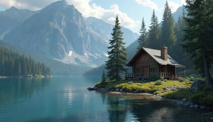 Fototapeta premium Illustration shows cozy log cabin on lake. Scenic landscape includes mountains forest and clear water. Nature scene offers peace and tranquility perfect for vacation.