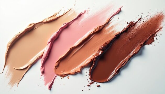 Creative cosmetic swatches show makeup texture. Various foundation and lipstick color smears create abstract pattern on white surface. Beauty products samples laid out.