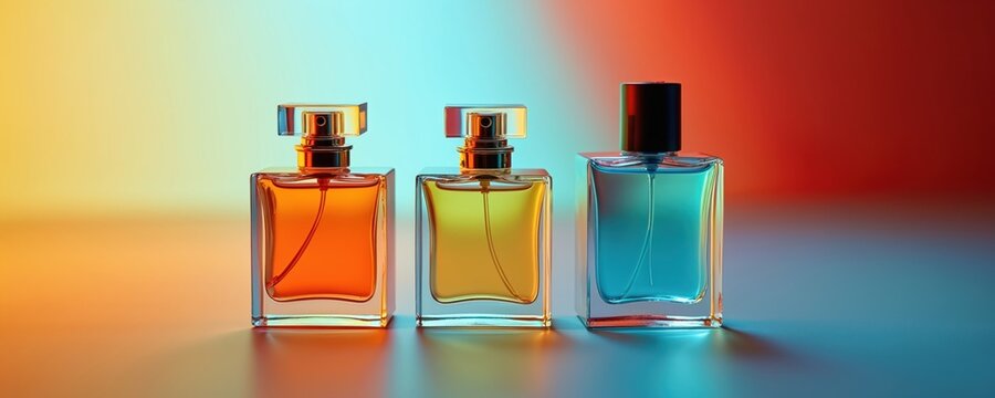 Three elegant glass perfume bottles with vibrant colored liquids arranged on reflective surface. Bottles gold accents, stand against gradient background of warm orange to cool blue, red light,