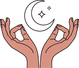 Hands in Meditation Pose with Crescent Moon and Stars