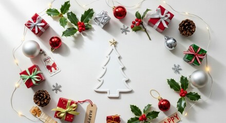 Merry Christmas Flat Lay with Gifts and Ornaments, Holiday, Presents, Baubles