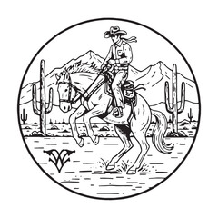 Fototapeta premium Vintage Cowboy Riding Horse in Western Desert Landscape Badge.