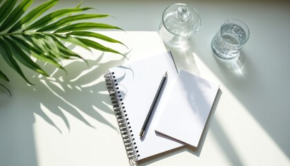 Top view shows blank notebook with pen glass water leaves on bright white background. Clean office desk setup for writing notes. Minimal workspace for lifestyle journal, planning. Sunlight creating