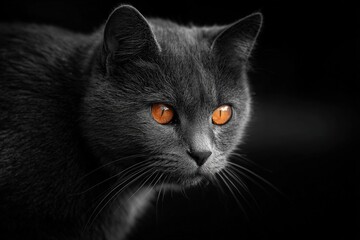 Obraz premium Closeup cat with glowing orange eyes in black and white selective color portrait
