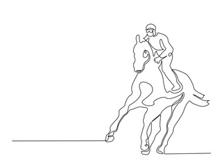 Continuous one line drawing of woman jockey riding horse . Equestrian Rider single line art illustration. Editable vector.