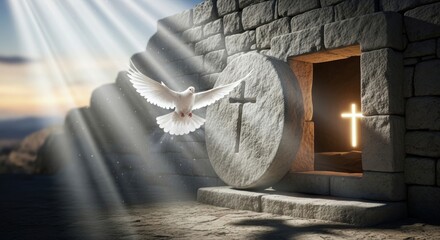 Resurrection Of Jesus Christ Dove Flies From Empty Tomb With Glowing Cross, Grave, Stone, Stone tomb