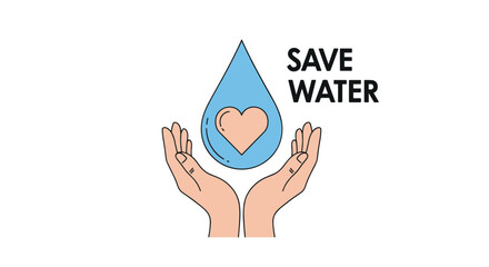 Hands cradling a water droplet containing a heart shape, promoting water conservation and environmental awareness with the text 'save water'.