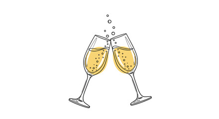 A celebratory sketch of two champagne flutes clinking together, filled with bubbly golden liquid and a few rising bubbles, symbolizing joy and toasting.